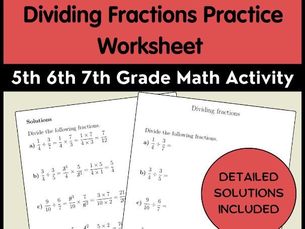 Dividing Fractions Practice Worksheet 5th 6th 7th Grade Math Activity