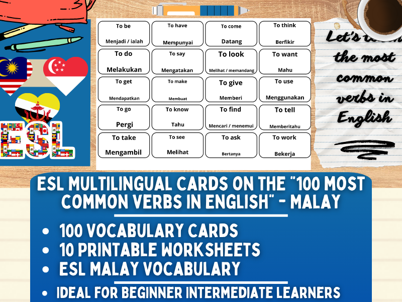 ESL Multilingual Vocabulary Flashcards - 100 most common verbs - Malay