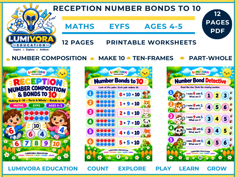 Reception Number Bonds to 10 Worksheets | Number Composition, Ten Frames & Part Whole | EYFS Maths