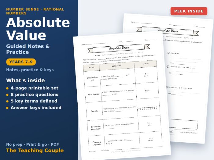 Absolute Value Guided Notes & Practice + Answer Keys | Years 7-9