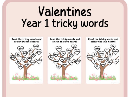 Year 1 common exception words- tricky words- valentines- hearts