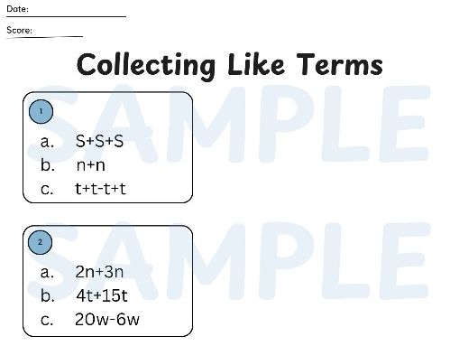 Collecting Like Terms KS3 Worksheet & Answers