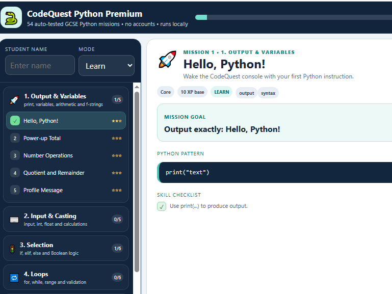 CodeQuest Python Premium – 54 Interactive Auto-Marked Coding Challenges