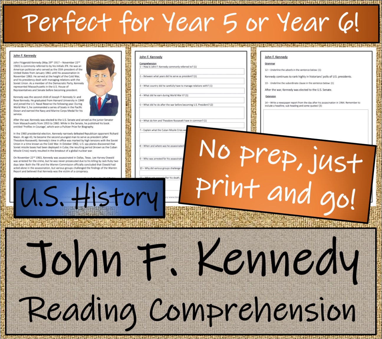 UKS2 John F. Kennedy Reading Comprehension Activity Teaching Resources