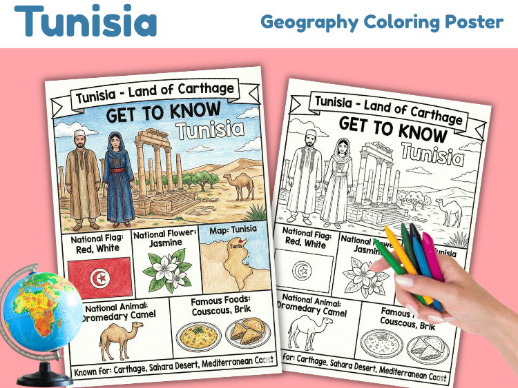 Tunisia Geography Coloring Poster | Country Facts & Culture