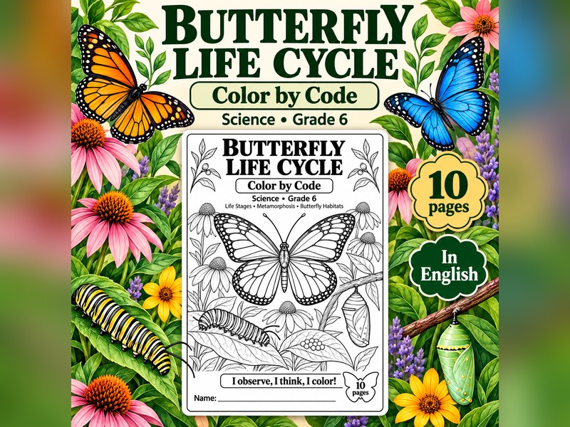 Butterfly Life Cycle Colour by Code - Science