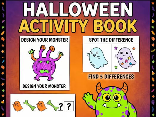 Halloween Activity Book: Monster Design, Spot the Difference & Pattern Cut & Pas