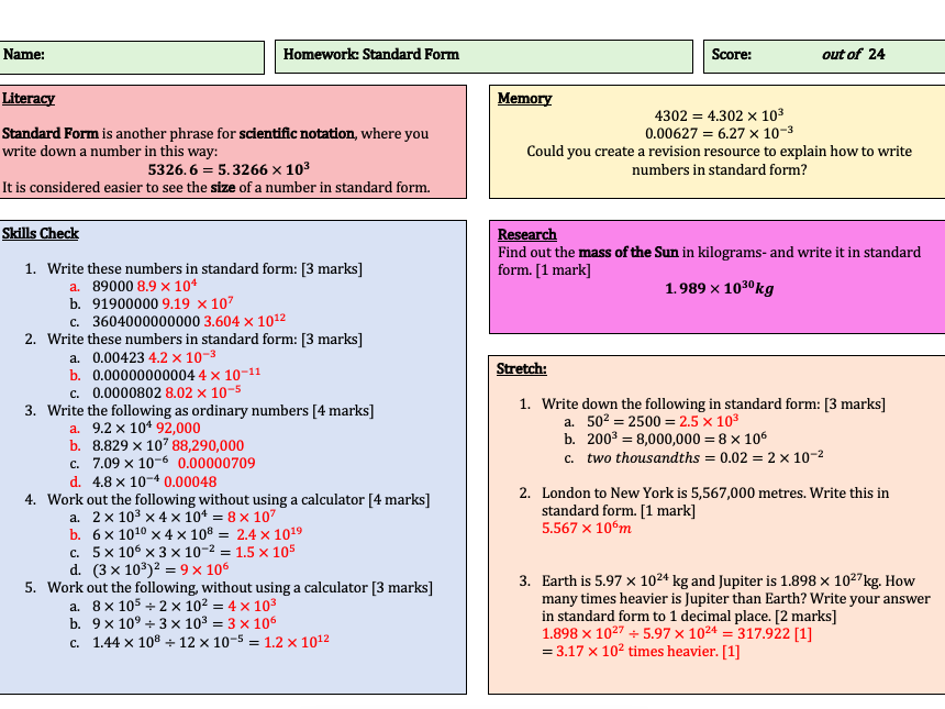 Pret homework standard form picture