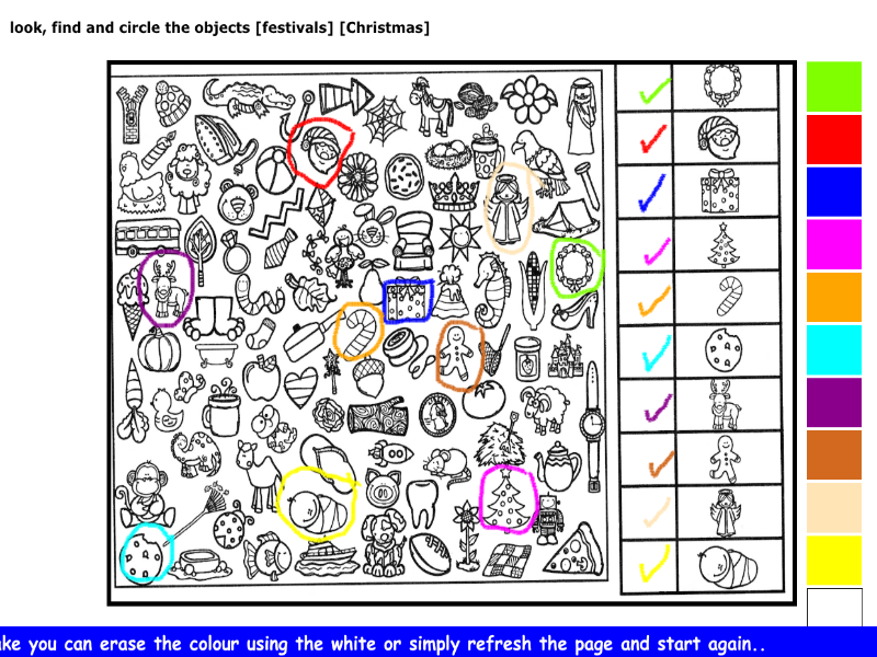 look, find and circle the objects [festivals] [Christmas]