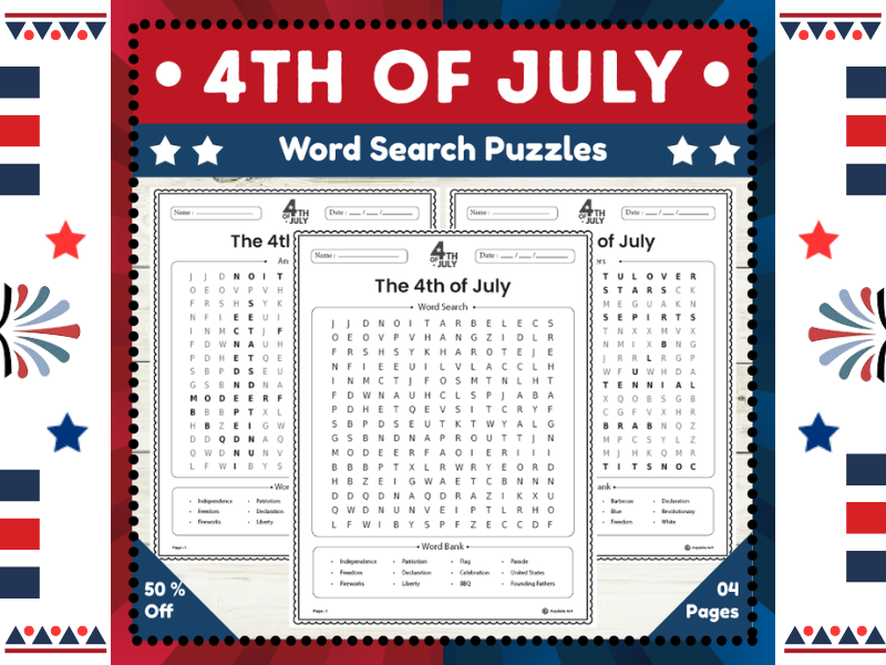 4th of July Word Search Puzzles : Engaging Independence Day Activity Sheets