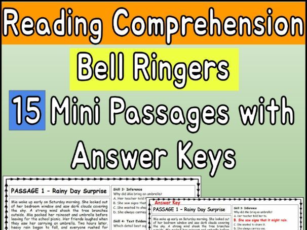 Reading Comprehension Bell Ringers | 15 Mini Passages with Answer Keys