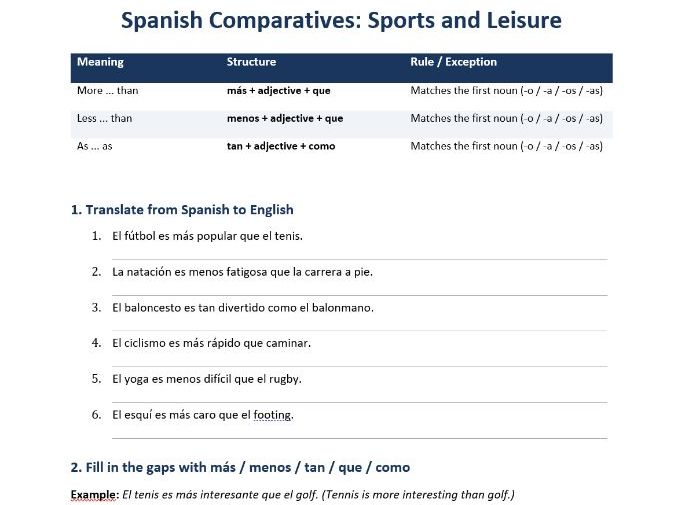 Spanish - Comparatives (topic Sports and hobbies) worksheet