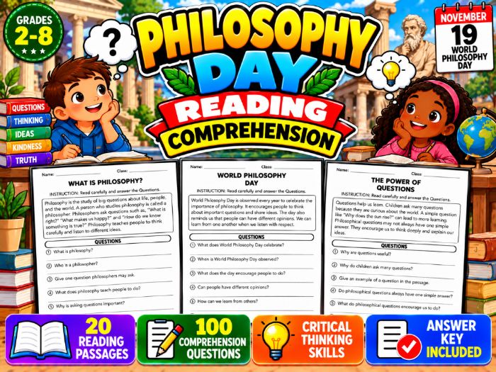 World Philosophy Day Reading Comprehension | 20 Passages & 100 Questions | Grades 2–8