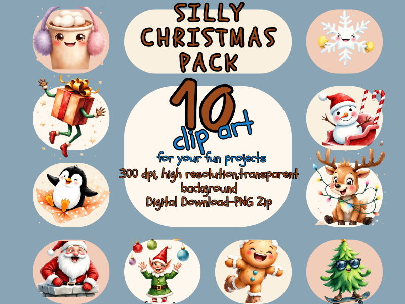 Silly Christmas Clip Art Pack-10 Illustrations, 300dpi, Transparent Background