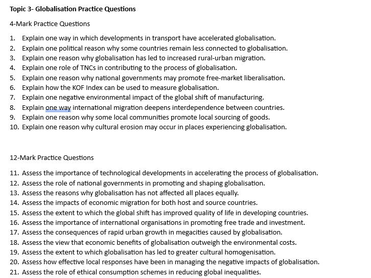 Edexcel A-Level GCE Geography Paper 2 Human Practice Questions Topics 3, 4B, 7, 8B