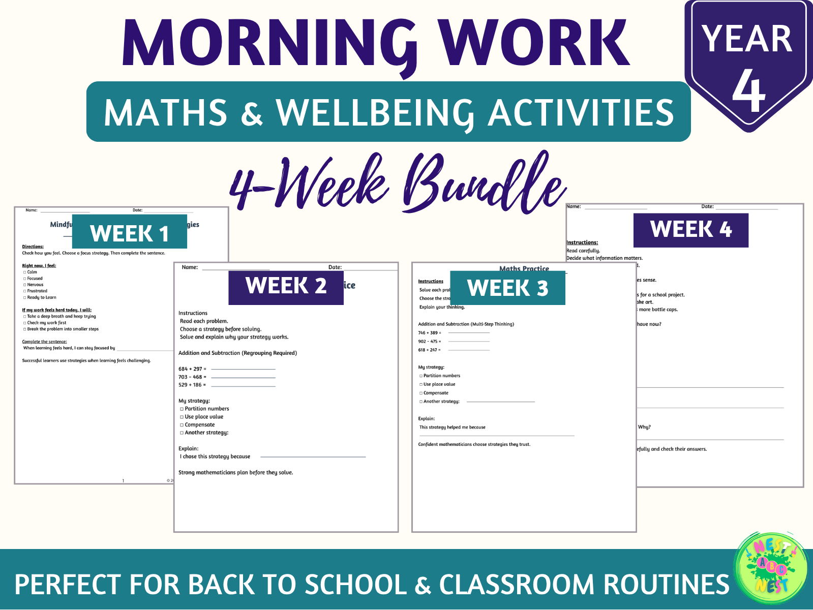 Year 4 Morning Work Bundle | 4 Weeks of Maths & Wellbeing Activities | KS2