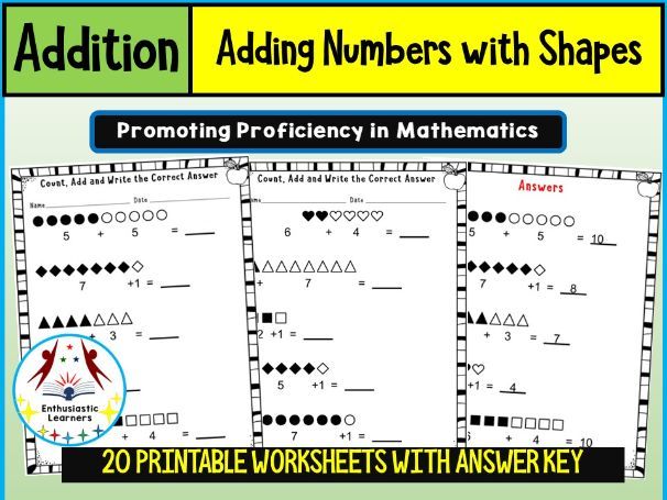 Adding Numbers with Shapes (Count, Add, and Write the Correct Answer) Worksheets – Beginner Level Ma