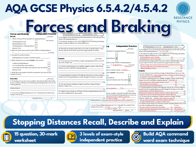 Forces and Braking - Recall, Describe and Explain Question Worksheet for Forces