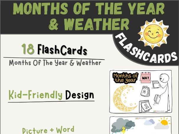 Months of the Year & Weather Flashcards for ESL Kindergarten PreK Students