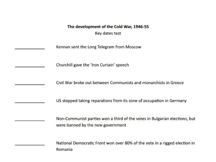 Key dates tests - The Cold War (OCR A-level history Unit Y223)