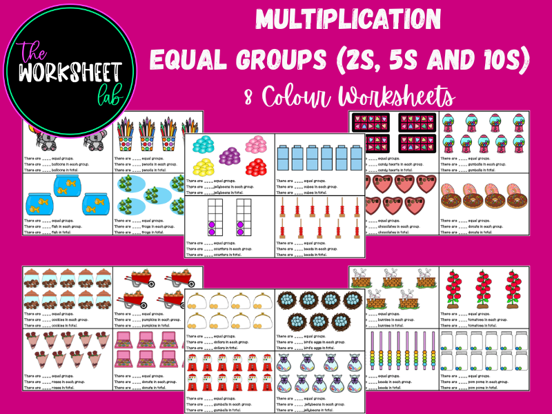 Multiplication - Equal Groups (by 2s, 5s and 10s) Worksheets in Colour