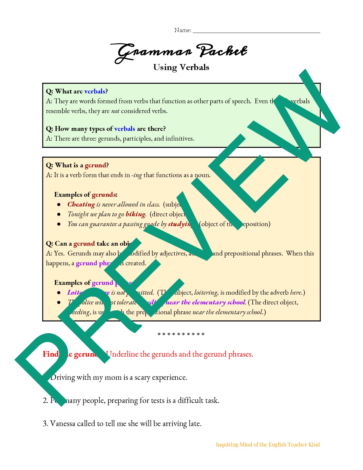 Grammar Worksheet on Verbals (Gerunds, Participles, and Infinitives