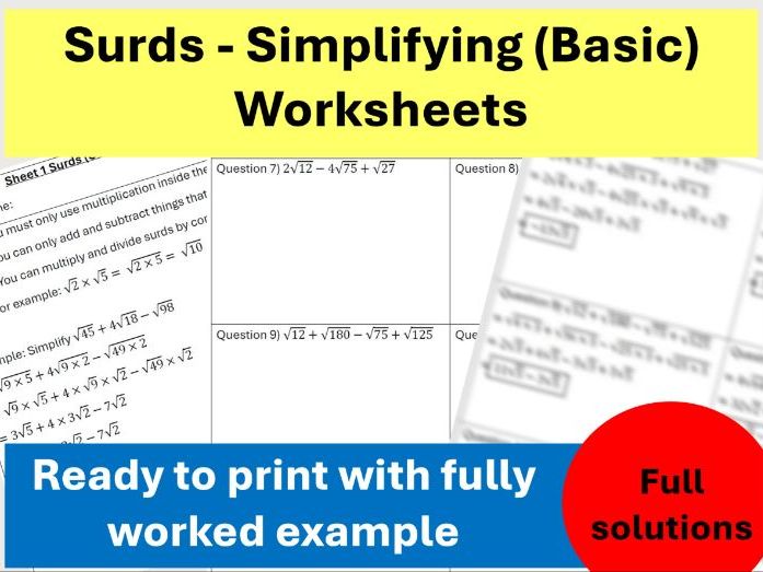 Simplifying Surds - Introductory lesson worksheets
