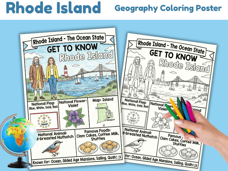 Rhode Island Geography Coloring Poster | State Facts Worksheet