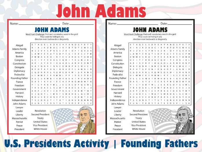 John Adams Word Search Puzzle | U.S. Presidents Activity | Founding Fathers