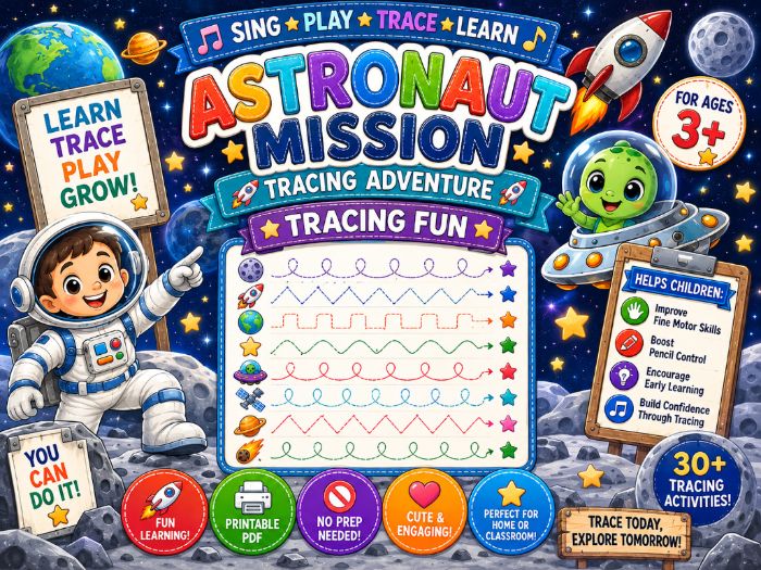 Astronaut Mission Tracing Worksheets | Space Fine Motor & Pencil Control Activities | Preschool–1