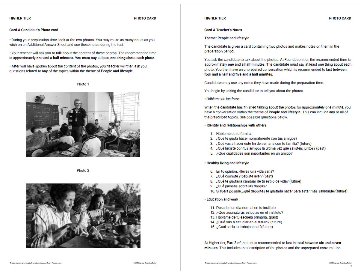 New AQA GCSE Spanish Speaking - 12 Photo cards and Worksheets for Foundation and Higher tiers