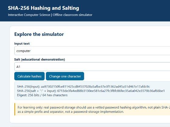 # OCR A Level Computer Science H446 – SHA-256 Hashing & Salting Interactive Simulator + Worksheet