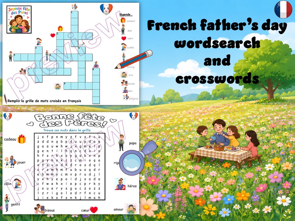 La fête des Pères | French Father's day | Wordsearch | Crosswords