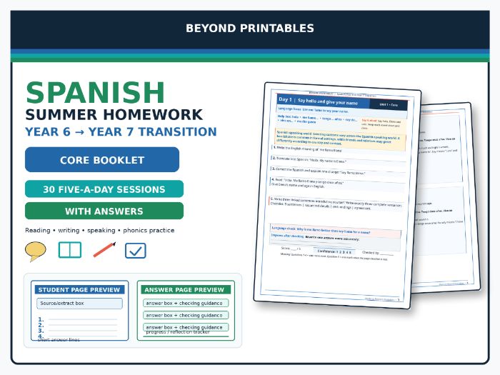 Spanish Summer Homework Booklet: Year 6 to Year 7 Transition Core with Answers