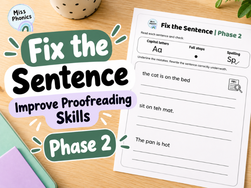 Fix the Sentence | Phase 2 | 40 Capital Letters, Full Stops & Spelling Worksheets