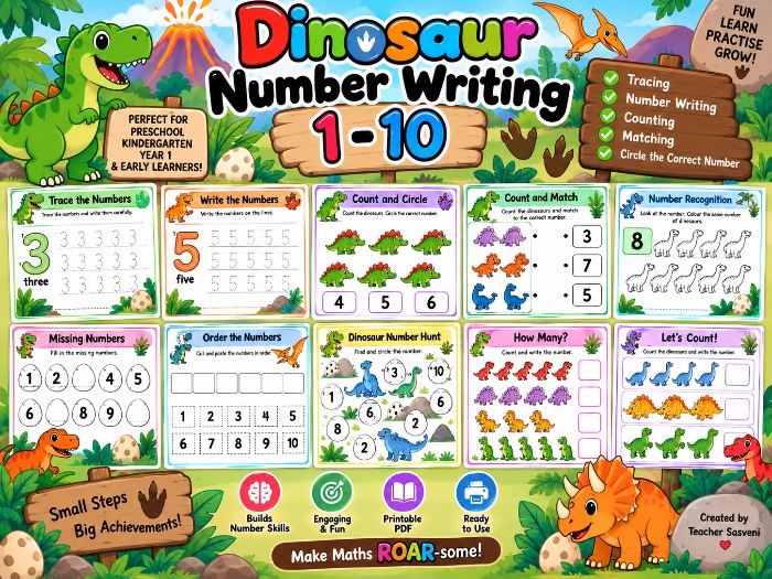 Dinosaur-Themed Number Writing & Counting Activity Pack