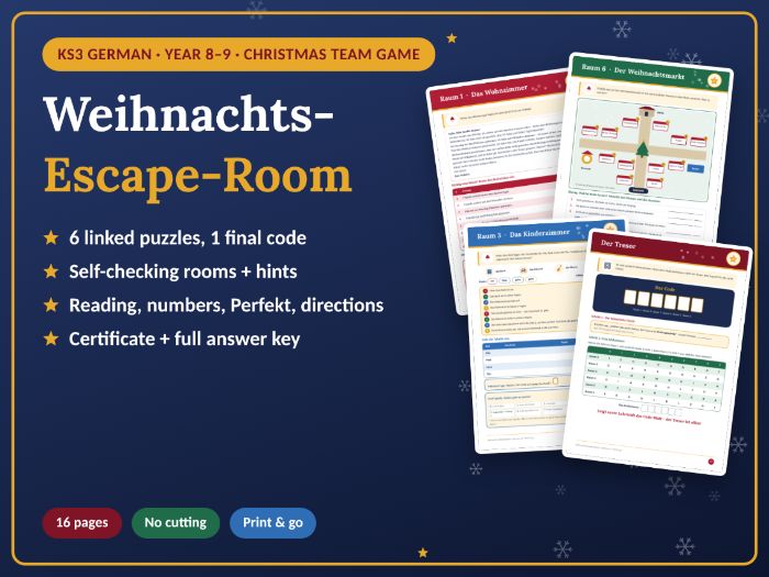 A1/A2/B1 | KS3 Year | 8-9 - German Christmas Escape Room