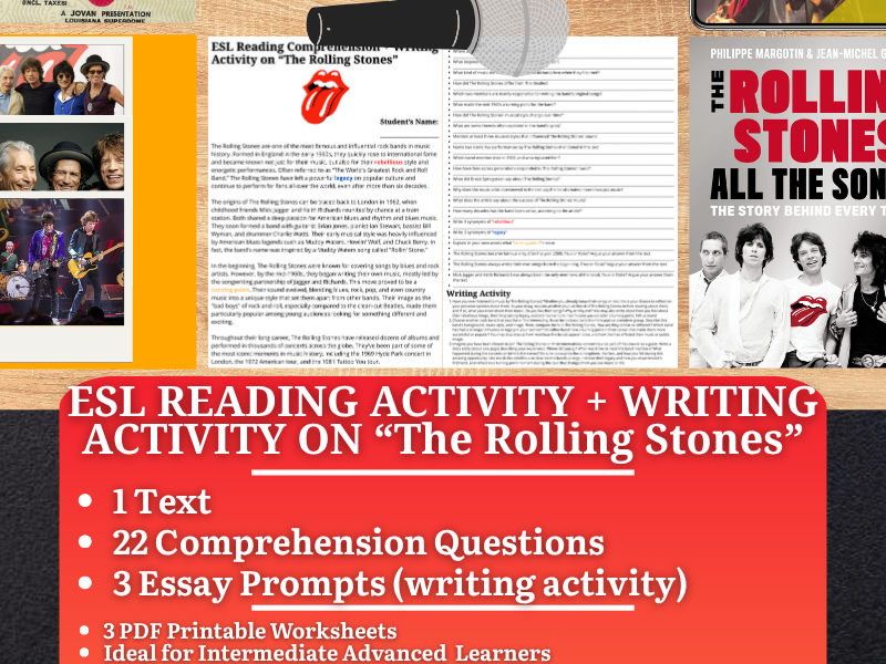 ESL Reading Comprehension + Writing Activity Worksheets - The Rolling Stones - Rock Band