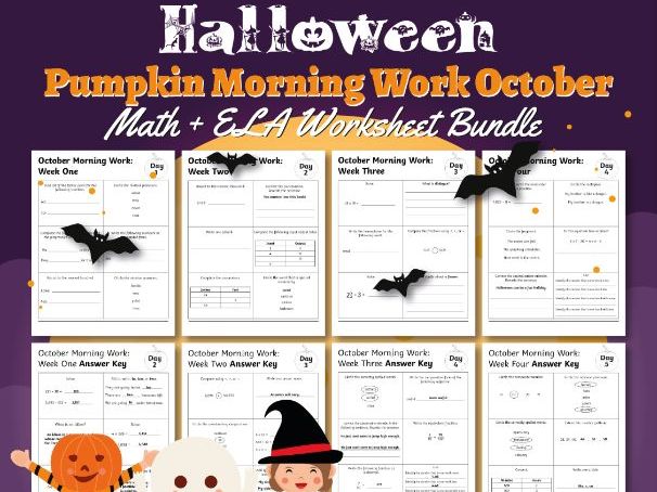 Fourth Grade Pumpkin Morning Work October | Math + ELA Worksheet Bundle | Halloween Theme  Start eac