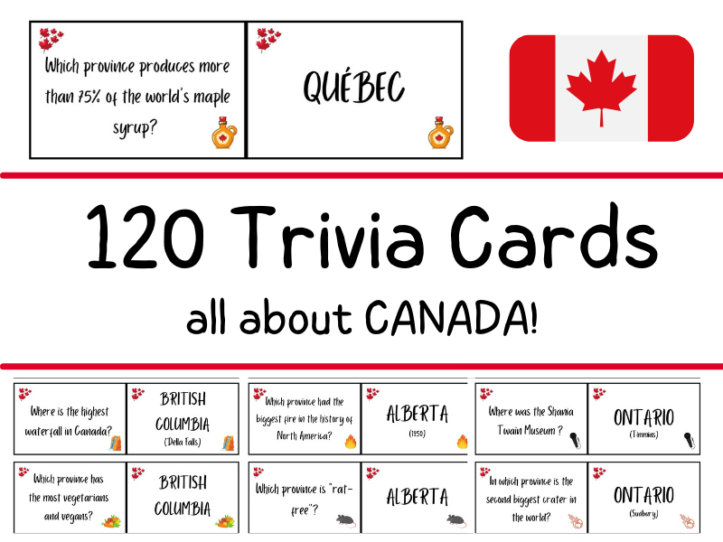 Canada Trivia Game - 120 Trivia Cards - 12 Cards x 10 Canadian Provinces