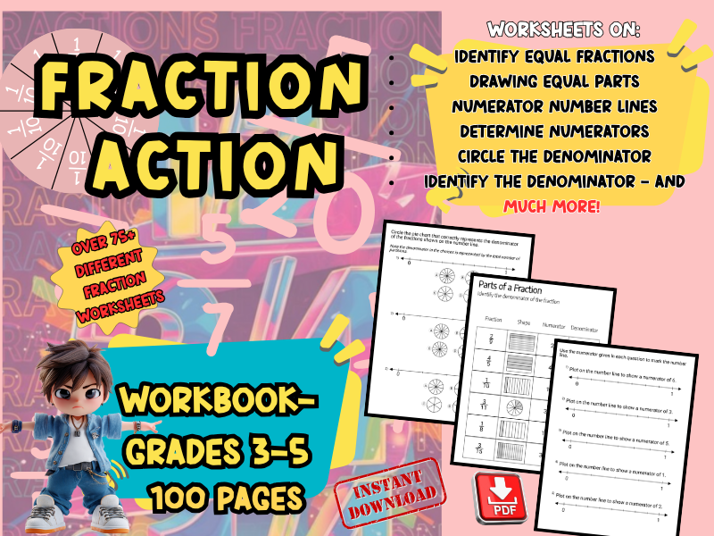 Fraction Action-Workbook Grades 3-5, Printable Math Practice-Fraction Simplify, Convert Division