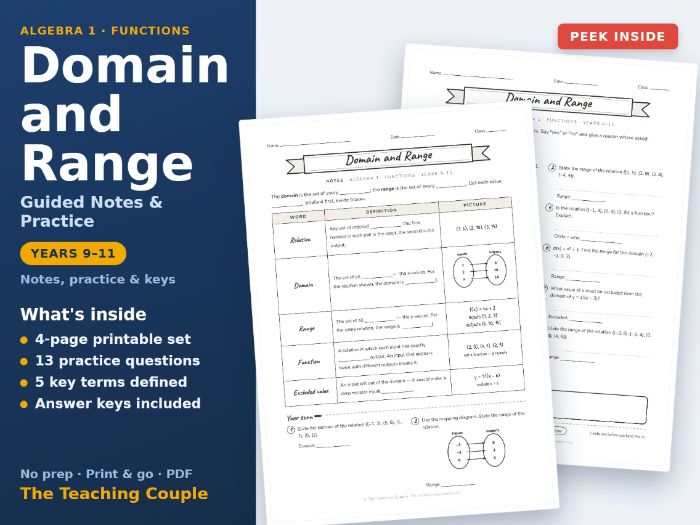 Domain and Range Guided Notes & Practice | Years 9-11