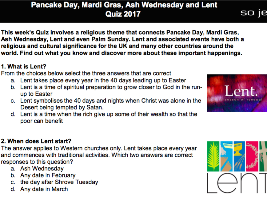 Pancake Day, Mardi Gras, Ash Wednesday and Lent Quiz