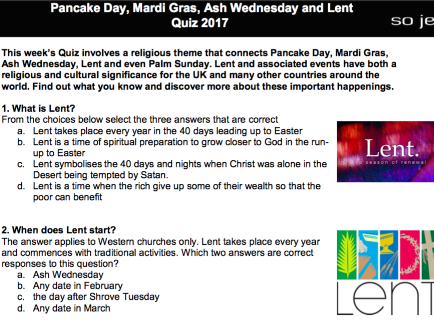 Pancake Day, Mardi Gras, Ash Wednesday and Lent Quiz by 