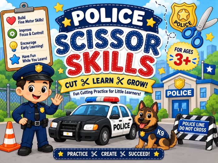 Police Scissor Skills Worksheets | Cutting Practice & Fine Motor Activities | Preschool–Grade 1