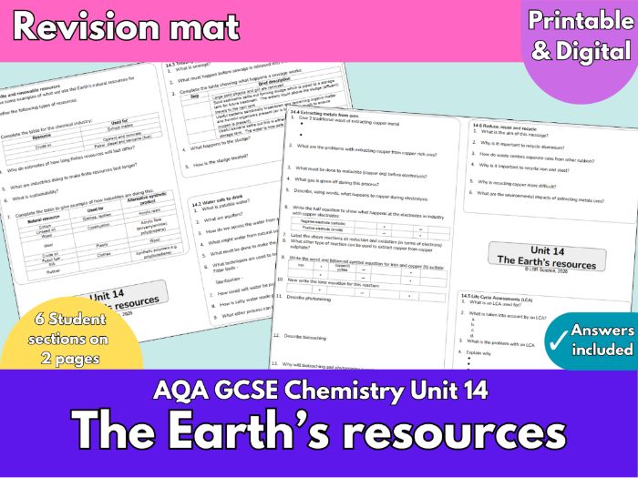 AQA GCSE Chemistry Unit 14 | Earth’s Resources Revision Mat & Answers | Potable water