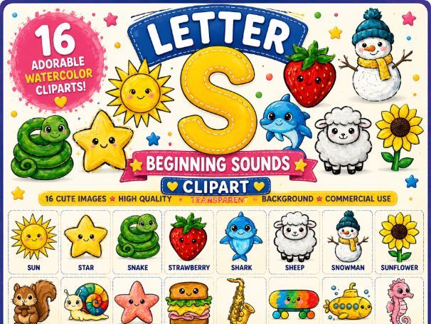 Letter S Watercolor Clipart | Beginning Sounds Alphabet Bundle