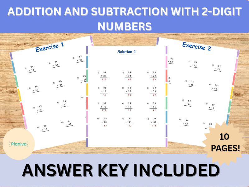 Addition and Subtraction with 2-Digit Numbers | Math Practice Worksheets | Answer Key Included