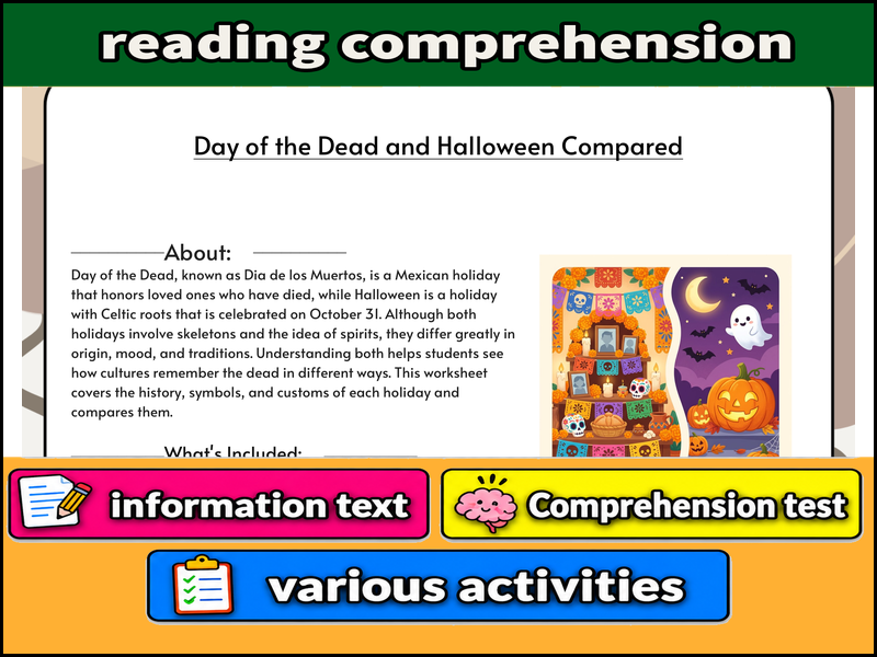 Day of the Dead and Halloween Compared  & Comprehension Test