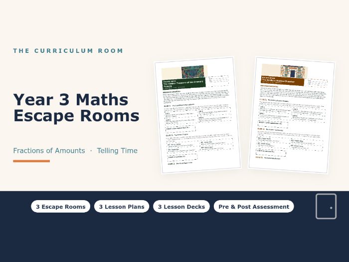 Year 3 Maths Escape Rooms: Fractions of Amounts, Telling Time